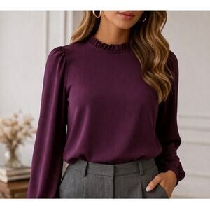Ann Taylor Ruffle Neck Blouse – Plum / Burgundy – Size Small